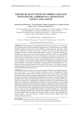 Grease Quality Issues on Middle Voltage Switchgear: Corrosivity, Resistivity, Safety and Ageing