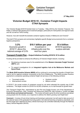 Victorian Budget 2018-19 - Container Freight Impacts CTAA Synopsis