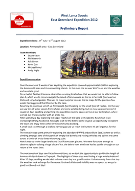 West Lancs Scouts East Greenland Expedition 2012 Preliminary Report