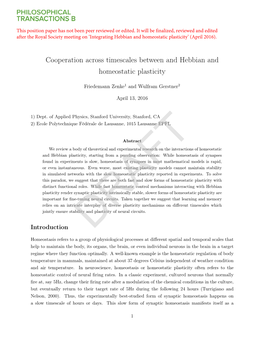 Cooperation Across Timescales Between and Hebbian and Homeostatic Plasticity