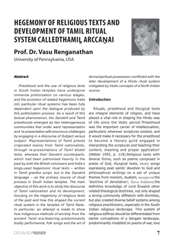 HEGEMONY of RELIGIOUS TEXTS and DEVELOPMENT of TAMIL RITUAL SYSTEM CALLEDTHAMIḺ ARCCAṈAI Prof