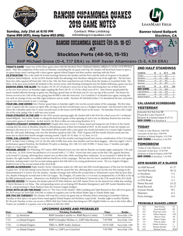 Rancho Cucamonga Quakes 2019 Game Notes