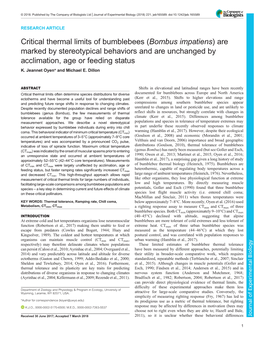 Critical Thermal Limits of Bumblebees (Bombus Impatiens)Are Marked by Stereotypical Behaviors and Are Unchanged by Acclimation, Age Or Feeding Status K