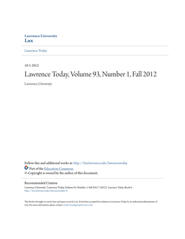 Lawrence Today, Volume 93, Number 1, Fall 2012 Lawrence University