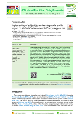 Implementing of Subject Jigsaw Learning Model and Its Impact on Students’ Achievement in Embryology Course