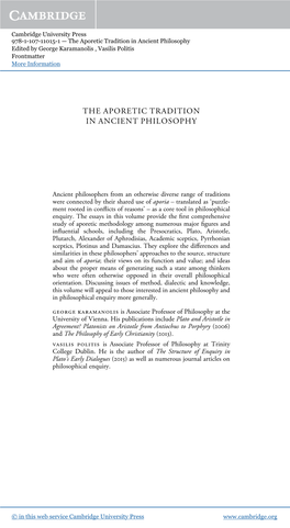 The Aporetic Tradition in Ancient Philosophy Edited by George Karamanolis , Vasilis Politis Frontmatter More Information