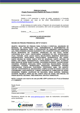 Edital De Licitação Pregão Presencial Para Registro De Preços Nº 019/2013