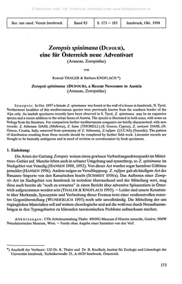 Zoropsis Spinimana (DUFOUR), Eine Für Österreich Neue Adventivart (Araneae, Zoropsidae)