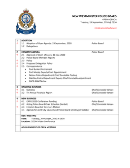 NEW WESTMINSTER POLICE BOARD OPEN AGENDA Tuesday, 29 September, 2020 @ 0930