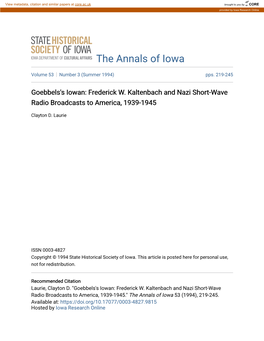 Goebbels's Iowan: Frederick W. Kaltenbach and Nazi Short-Wave Radio Broadcasts to America, 1939-1945