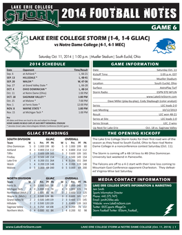 2014 FOOTBALL NOTES GAME 6 LAKE ERIE COLLEGE STORM (1-4, 1-4 GLIAC) Vs Notre Dame College (4-1, 4-1 MEC)