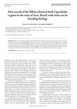 First Record of the White-Chinned Swift Cypseloides Cryptus in the State of Acre, Brazil, with Notes on Its Breeding Biology