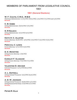 MEMBERS of PARLIAMENT from LEGISLATIVE COUNCIL 1951 1951 (General Elections)