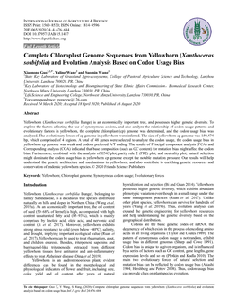 Complete Chloroplast Genome Sequences from Yellowhorn (Xanthoceras Sorbifolia) and Evolution Analysis Based on Codon Usage Bias