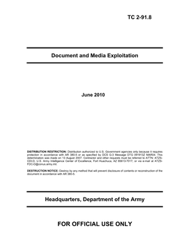 FOR OFFICIAL USE ONLY This Publication Is Available at Army Knowledge Online ( and General Dennis J
