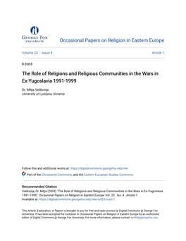 The Role of Religions and Religious Communities in the Wars in Ex-Yugoslavia 1991-1999