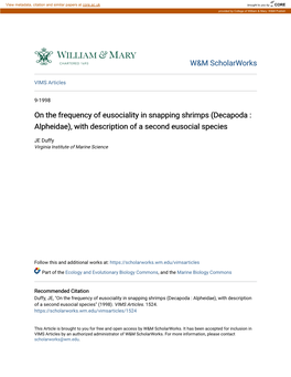 On the Frequency of Eusociality in Snapping Shrimps (Decapoda : Alpheidae), with Description of a Second Eusocial Species