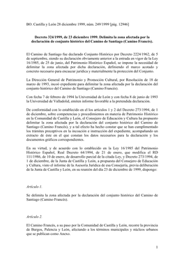 Decreto 324/1999, De 23 Diciembre 1999. Delimita La Zona Afectada Por La Declaración De Conjunto Histórico Del Camino De Santiago (Camino Francés)