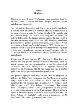 Release Elza Soares No Auge De Seus 84 Anos, Elza Soares É Uma Verdadeira Fonte De Histórias Sobre a Cultura Brasileira. Sempr