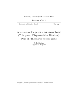 A Revision of the Genus Anisostena Weise (Coleoptera: Chrysomelidae, Hispinae). Part Ill. the Pilatei Species Group