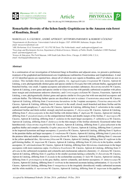 Remarkable Diversity of the Lichen Family Graphidaceae in the Amazon Rain Forest of Rondônia, Brazil