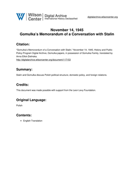 November 14, 1945 Gomulka's Memorandum of a Conversation