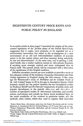 Eighteenth Century Price Riots and Public Policy in England