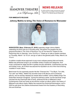 Johnny Mathis to Bring the Voice of Romance to Worcester