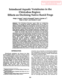 Introduced Aquatic Vertebrates in the Chiricahua Region: Effects on Declining Native Ranid Frogs