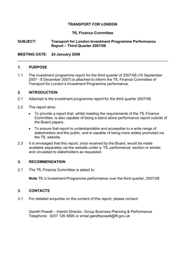 Transport for London Investment Programme Performance Report – Third Quarter 2007/08