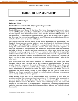 Tshekedi Khama Papers