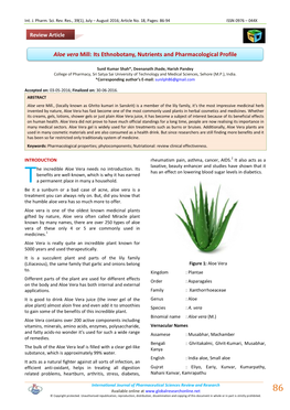 Aloe Vera Mill: Its Ethnobotany, Nutrients and Pharmacological Profile
