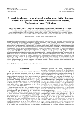 A Checklist and Conservation Status of Vascular Plants in the Limestone Forest of Metropolitan Ilocos Norte Watershed Forest Reserve, Northwestern Luzon, Philippines