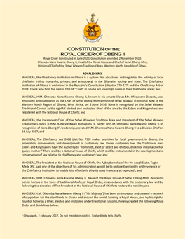 CONSTITUTION of the ROYAL ORDER of OBENG II Royal Order Constituted in June 2020, Constitution Amended 2 November 2020