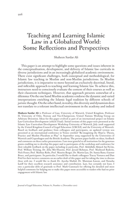 Teaching and Learning Islamic Law in a Globalized World: Some Reflections and Perspectives