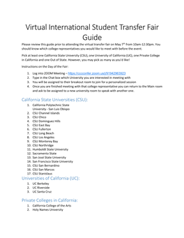 Virtual International Student Transfer Fair Guide Please Review This Guide Prior to Attending the Virtual Transfer Fair on May 7Th from 10Am-12:30Pm
