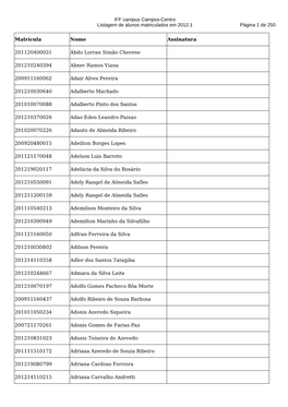 IFF Campus Campos-Centro Listagem De Alunos Matriculados Em 2012.1 Página 1 De 250 Matrícula Nome Assinatura 201120400031 2012