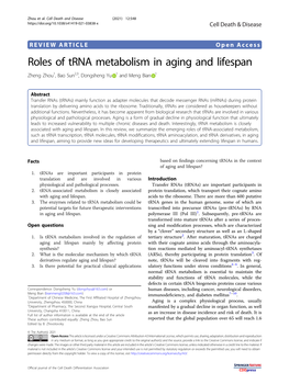 Roles of Trna Metabolism in Aging and Lifespan Zheng Zhou1,Baosun2,3, Dongsheng Yu 1 Andmengbian 1