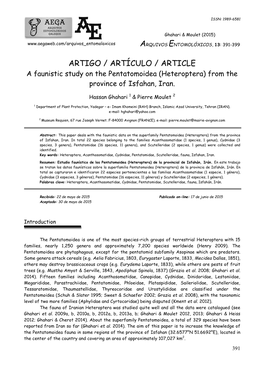 ARTIGO / ARTÍCULO / ARTICLE a Faunistic Study on the Pentatomoidea (Heteroptera) from the Province of Isfahan, Iran