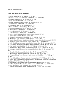 List of Sites Subject to Site Guidelines: 1. Penguin Island (Lat. 62º 06' S, Long. 57º 54' W); 2. Barrientos Island, Aitch