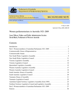 Women Parliamentarians in Australia 1921–2009