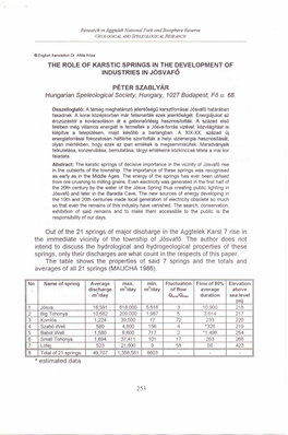 THE RO LE of KARSTIC SPRINGS in the DEVELOPMENT of Industrles in JÓSVAFŐ