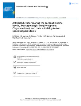 Artificial Diets for Rearing the Coconut Hispine Beetle, Brontispa Longissima (Coleoptera: Chrysomelidae), and Their Suitability to Two Specialist Parasitoids