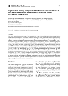 Reproduction, Molting, and Growth of Two Mexican Uniparental Forms of the Tadpole Shrimp Triops (Branchiopoda: Notostraca) Under a Recirculating Culture System