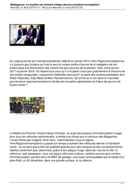 Madagascar. Le Mystère Du Ministre Intègre Devenu Président Incompétent Mercredi, 01 Août 2018 07:17 - Mis À Jour Mercredi, 01 Août 2018 07:53