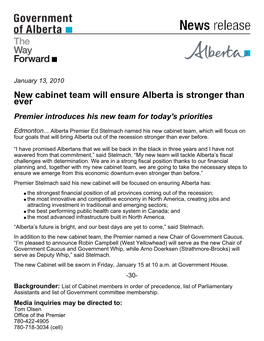 New Cabinet Team Will Ensure Alberta Is Stronger Than Ever Premier Introduces His New Team for Today's Priorities
