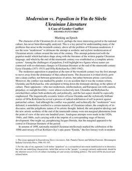 Modernism Vs. Populism in Fin De Siècle Ukrainian Literature a Case of Gender Conflict1 SOLOMEA PAVLYCHKO