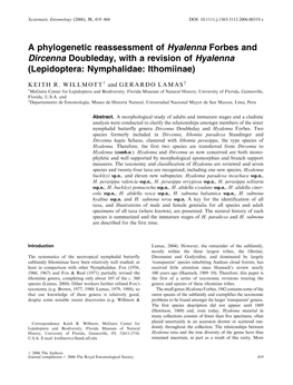 A Phylogenetic Reassessment of Hyalenna Forbes and Dircenna Doubleday, with a Revision of Hyalenna (Lepidoptera: Nymphalidae: Ithomiinae)