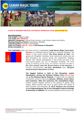 3-DAY of NAADAM FESTIVAL AUTHENTIC MONGOLIA TOUR (July 10-July 12)