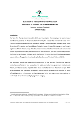 Submission to the Inquiry Into the Handling of Child Abuse by Religious and Other Organisations from the Who Am I? Project1 September 2012